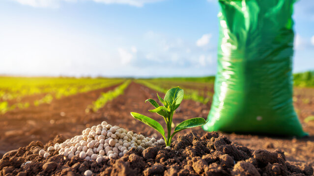 Young plant growing in soil with fertilizer pellets and agricultural fertilizer bag in field symbolizing fertilizer supply challenges, crop nutrition dependence and global farming productivity risks