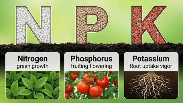 Npk fertilizer nutrients for plants, nitrogen green growth leaves, phosphorus fruiting flowering tomatoes, potassium root uptake vigor, soil layer gardening agriculture crop nutrition