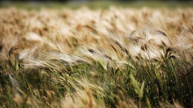 Barley plants, with their fuzzy heads, are almost ready to be harvested from a field by Thirsk, North Yorkshire, England.