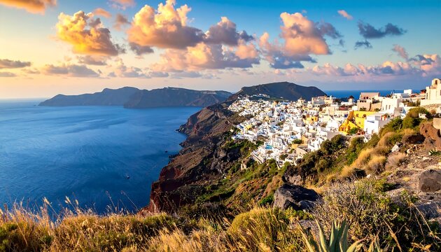 Scenic coastal view of Santorini island at sunset with clouds.