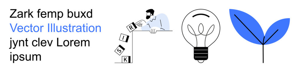 Naklejka premium Risk management, innovation, sustainability, leadership, creativity, strategy. A man arranges risk blocks, lightbulb idea concept blue leaf symbol. Risk management and innovation