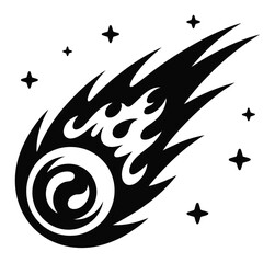 Stylized Black and White Comet with Flames and Stars © Rasel