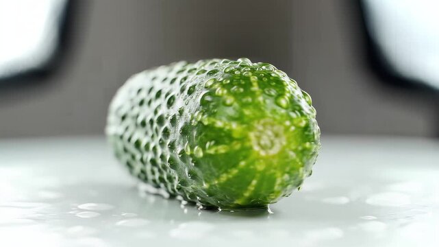Closeup of a fresh bumpy green cucumber with water droplets.