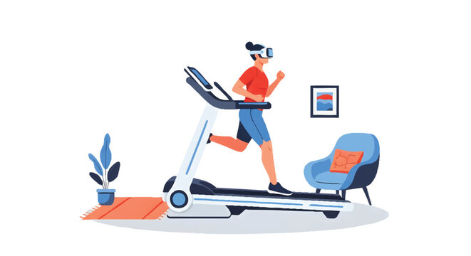 Woman running on treadmill at home with virtual reality headset