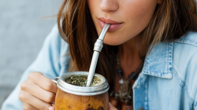 Young woman having South American Yerba mate 
