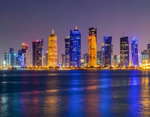 Fototapeta premium Doha Skyline at Night - A Stunning Cityscape View.