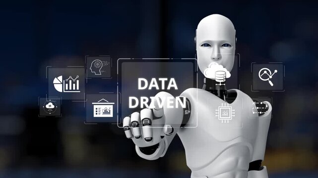 A humanoid robot engages with a dynamic data analytics interface, showcasing the importance of data-driven decisions in today business landscape. Synapse