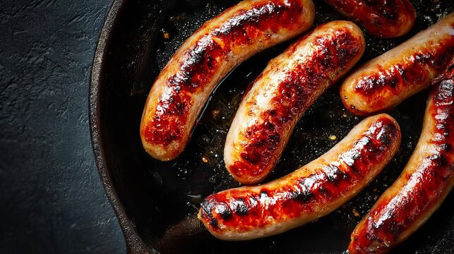 Sausage links sizzle in a hot pan from above.