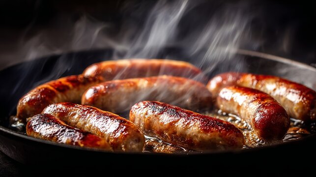 Sausage links sizzle in a hot pan from above.