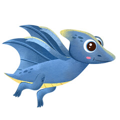 Cute illustration of a blue pteranodon dinosaur in a flying pose, in the style of a children's book illustration  © veensahand_art