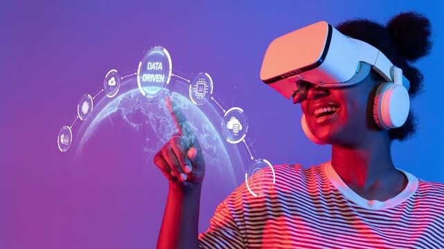 A joyful young woman experiences virtual reality, showcasing data-driven visuals in a modern and colorful setting. The image captures innovation and excitement in technology. Raster