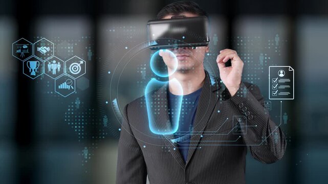 A businessman engages with virtual reality technology in a modern office, showcasing a futuristic digital interface around him that highlights innovation and simulation. Raster