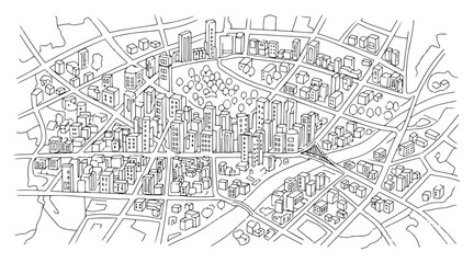 Fototapeta premium Urban city map aerial view line drawing with buildings streets and residential blocks architecture concept