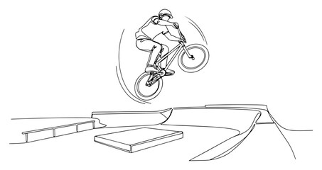 Fototapeta premium BMX rider jumping in skatepark one line drawing vector illustration of extreme cycling sport concept