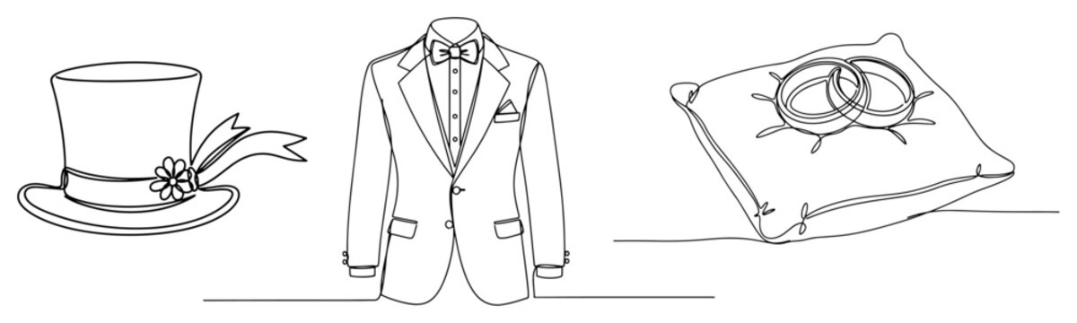 Wedding icons set one line drawing of groom tuxedo suit top hat and rings on pillow for marriage ceremony