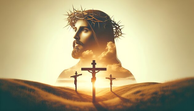 Double Exposure Portrait of Jesus Christ Wearing a Crown of Thorns Blended with Three Crosses on Calvary Hill Rocky Hilltop at Sunset Dramatic Sky. Crucifixion & Easter Redemption.. Religious Artwork.