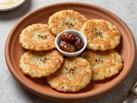 Date syrup malpua on earthen plate, sugar free fried pancake, healthy traditional dessert