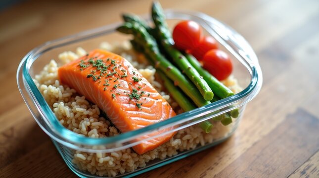 Glass lunch box with salmon rice and asparagus nutrition sticker, balanced diet meal, macro counted healthy eating