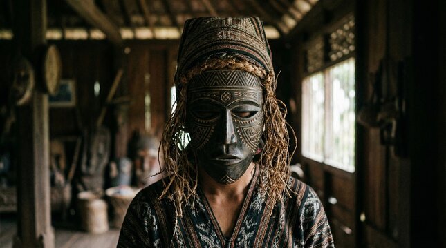 Portrait of person wearing Aceh traditional mask, intricate details, cultural heritage, elegant composition.