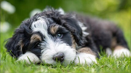 Fototapeta premium Cute bernedoodle puppy rests on green grass outdoors.