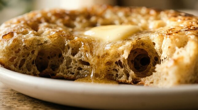 Close Up of a Golden Toasted Crumpet with Melting Butter on a Plate