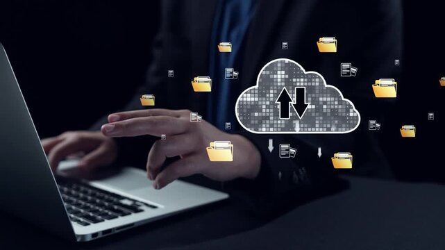 A business professional types on a laptop while a glowing digital certification symbol and stars hover above, representing success and quality in the modern office environment. Qubit