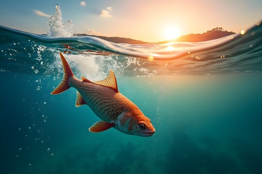 Orange Fish Swimming Below Water Surface at Sunset