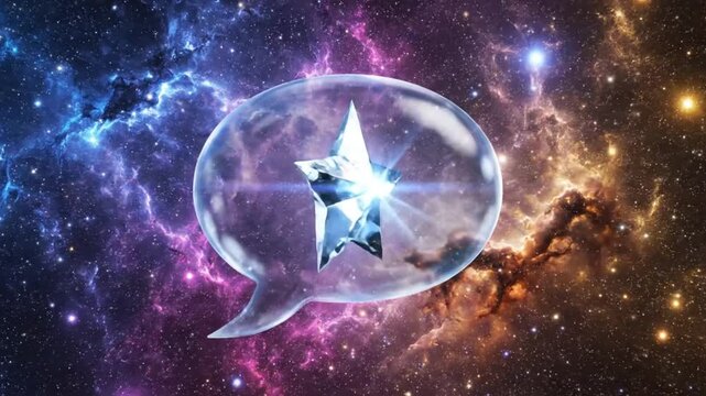 Cosmic speech bubble filled with sparkling star against a vibrant nebula background