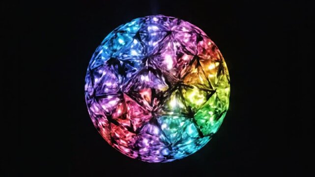 Mesmerizing multi-colored faceted sphere radiating vibrant light against a deep black background