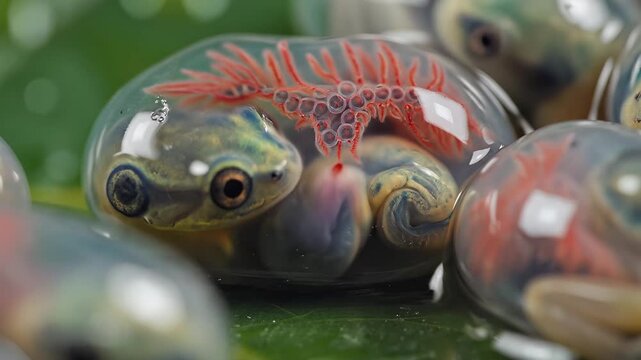 Closeup of a Transparent Frog Tadpole with Visible Organs and Gills.