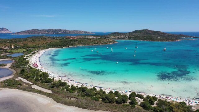 4K Aerial View of Cala Brandinchi SARDINIA  , Lu Impostu Bays. Cinematic aerial Drone Flight over Little Tahiti Turquoise Sea and White Sand. San Teodoro  Best beaches of Sardegna and Europe tahity 4k