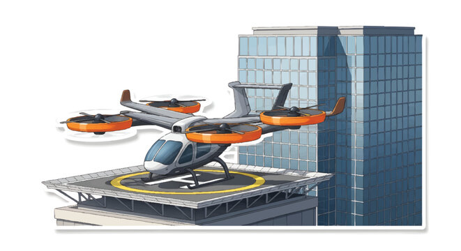 Futuristic helicopter taxi taking off from rooftop helipad near skyscraper