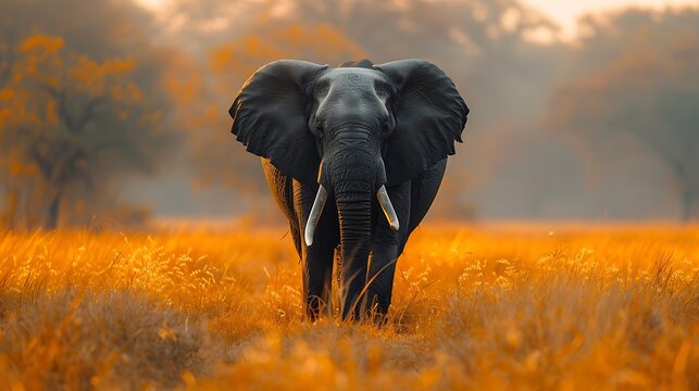 Lone elephant in glowing African grassland high resolution picture