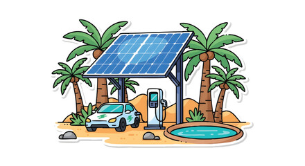 Obraz premium Electric car charging under solar panel in tropical paradise