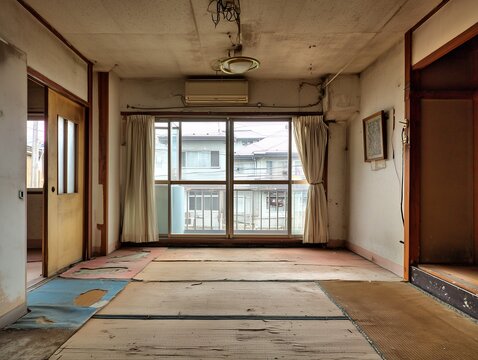 古びた畳が剥がれ落ちて傷んだ空き家の室内と窓から見える日本の住宅街の風景