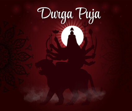Silhouette of a multiarmed goddess on a lion in a dark artistic style over a red festive background symbolizing celebration and spirituality. Hand-drawn vector illustration
