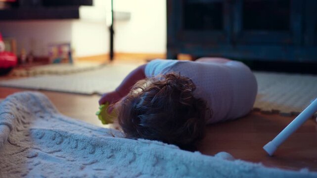 Toddler lying on floor reaching toward small toy during playful indoor moment exploring objects and movement in early childhood development at home