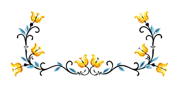 Yellow floral border with blue leaves and vines, vector
