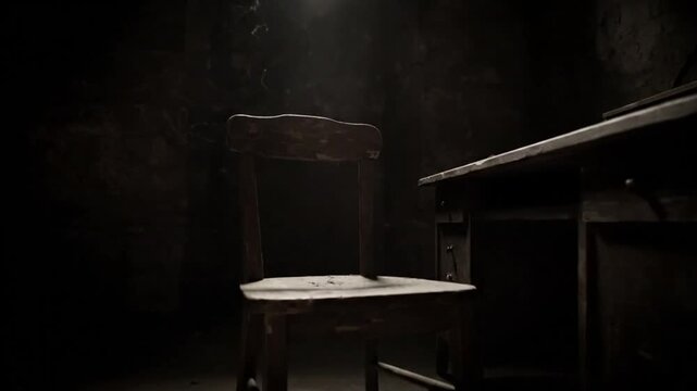Dimly lit, old wooden chair and desk in a dark, grimy basement or dungeon environment