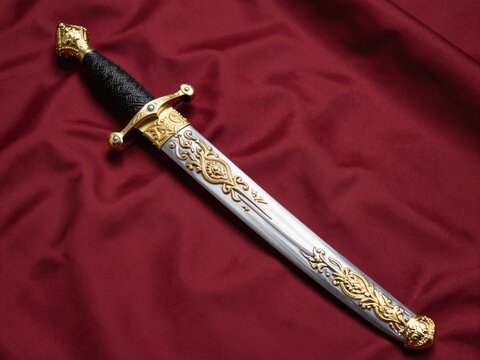 Groom's sword (kirpan) in ornate sheath, silver with gold detailing, placed on silk fabric, traditional Indian wedding accessory, symbolic warrior detail
