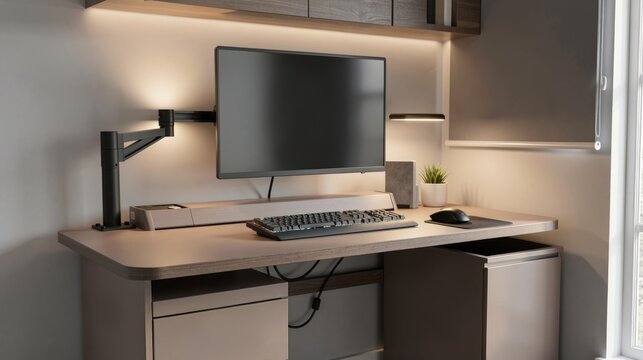 Adjustable desk with hidden cable management and closed storage, organized sensory workspace, calm focus environment