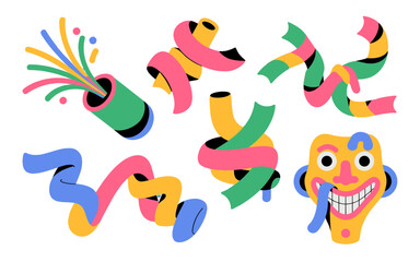 Fototapeta premium A set of fun, colorful illustrations with streamers and a quirky face.