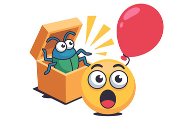 Fototapeta premium Surprising encounter: a smiling emoji is frightened by a bug escaping a treasure chest and a balloon.