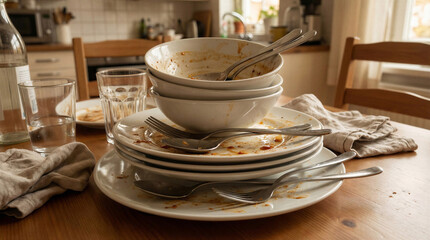 Fototapeta premium Stacked dirty dishes and cutlery on wooden table in kitchen 
