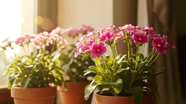 Beautiful pink flowers in terra cotta pots on a sunlit windowsill create a cozy home atmosphere
