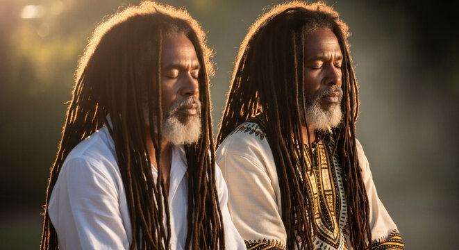 Two Men with Long Dreadlocks and Beards in White Shirts Outdoors