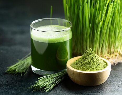 wheatgrass juice green powder and fresh grass on dark surface
