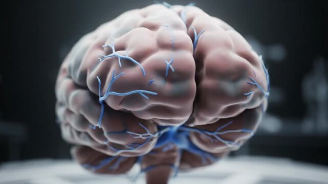 Realistic 3D Render of a Human Brain with Visible Veins in a Laboratory Setting