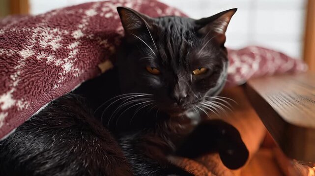 Cozy Black Cat Relaxing Under a Blanket Indoors.