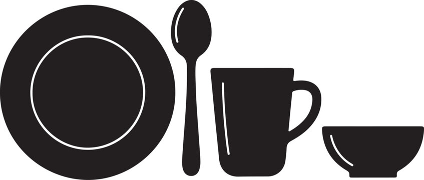 Minimal black silhouette of kitchen utensils including plate spoon fork and cup arranged in clean layout representing dining table setting restaurant kitchenware and food service concept.